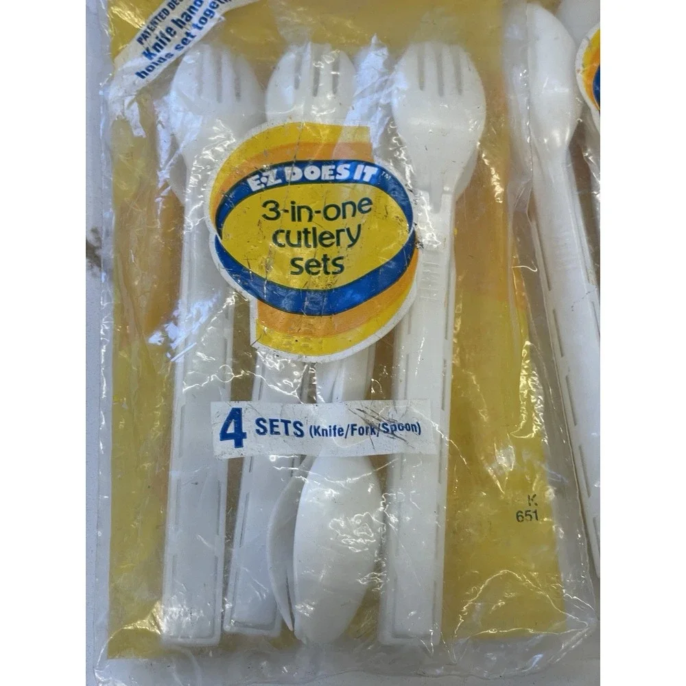 Vintage Plastic Cutlery Sets 3-in-One 4 Sets x 4‎ Packs Travel New Old Stock
